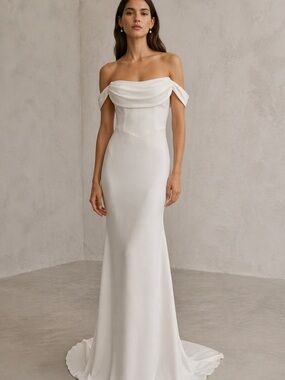 Lela Rose Ivory Off-the-Shoulder Satin Wedding Gown